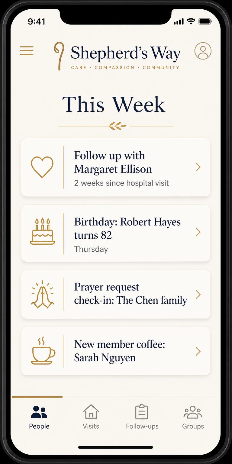 Shepherd's Way on a phone showing a This Week list with follow-ups, birthdays, and prayer requests.