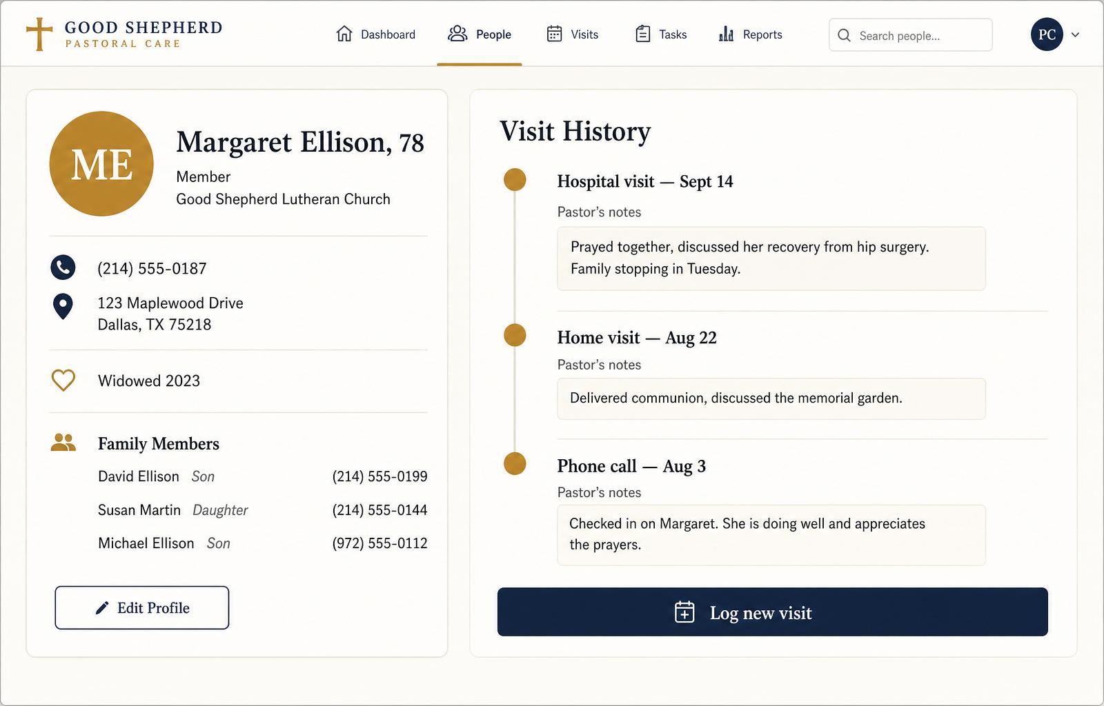 A member profile in Shepherd's Way with contact info, family members, and a timeline of past pastoral visits.